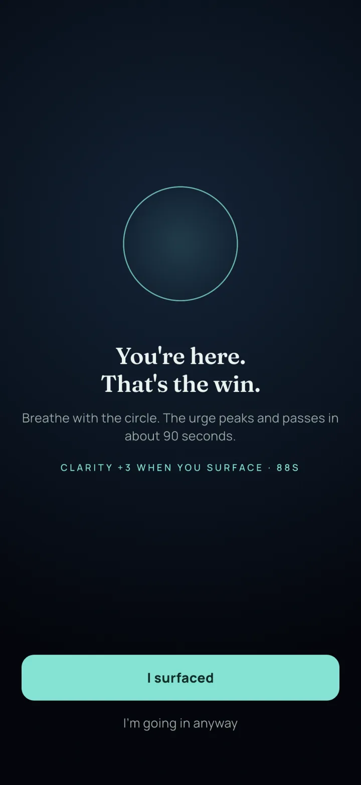 Resurface intercept screen: a breathing circle with the words You're here. That's the win., and buttons I surfaced and I'm going in anyway